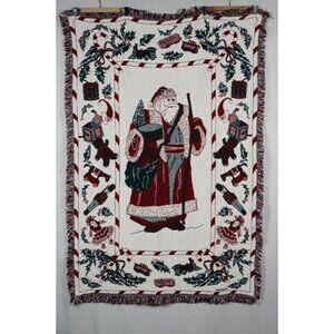 Vintage 1990 MWW Christmas Throw Tapestry Afghan Blanket Santa Holly